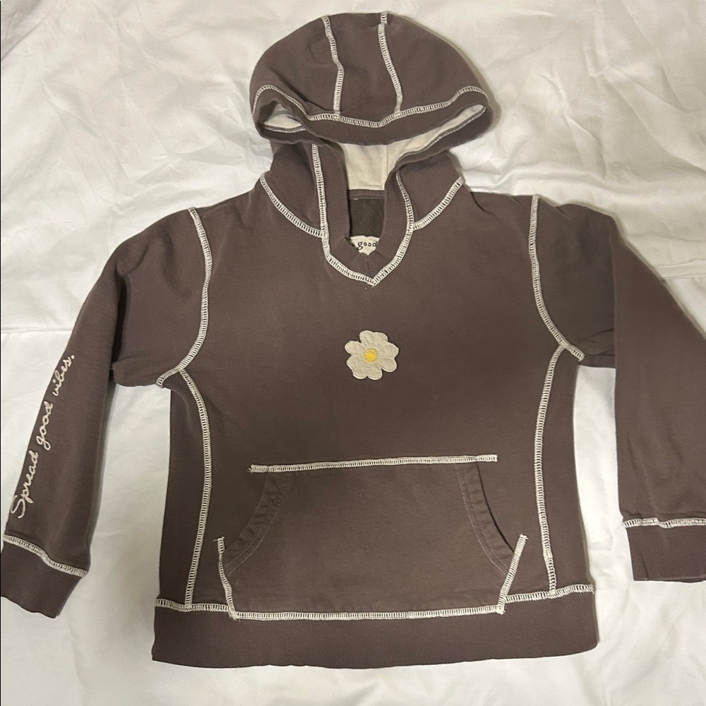 EUC LIFE IS GOOD V-Neck Brown Embroidered Hoodie with Flower Design, SIZE SMALL